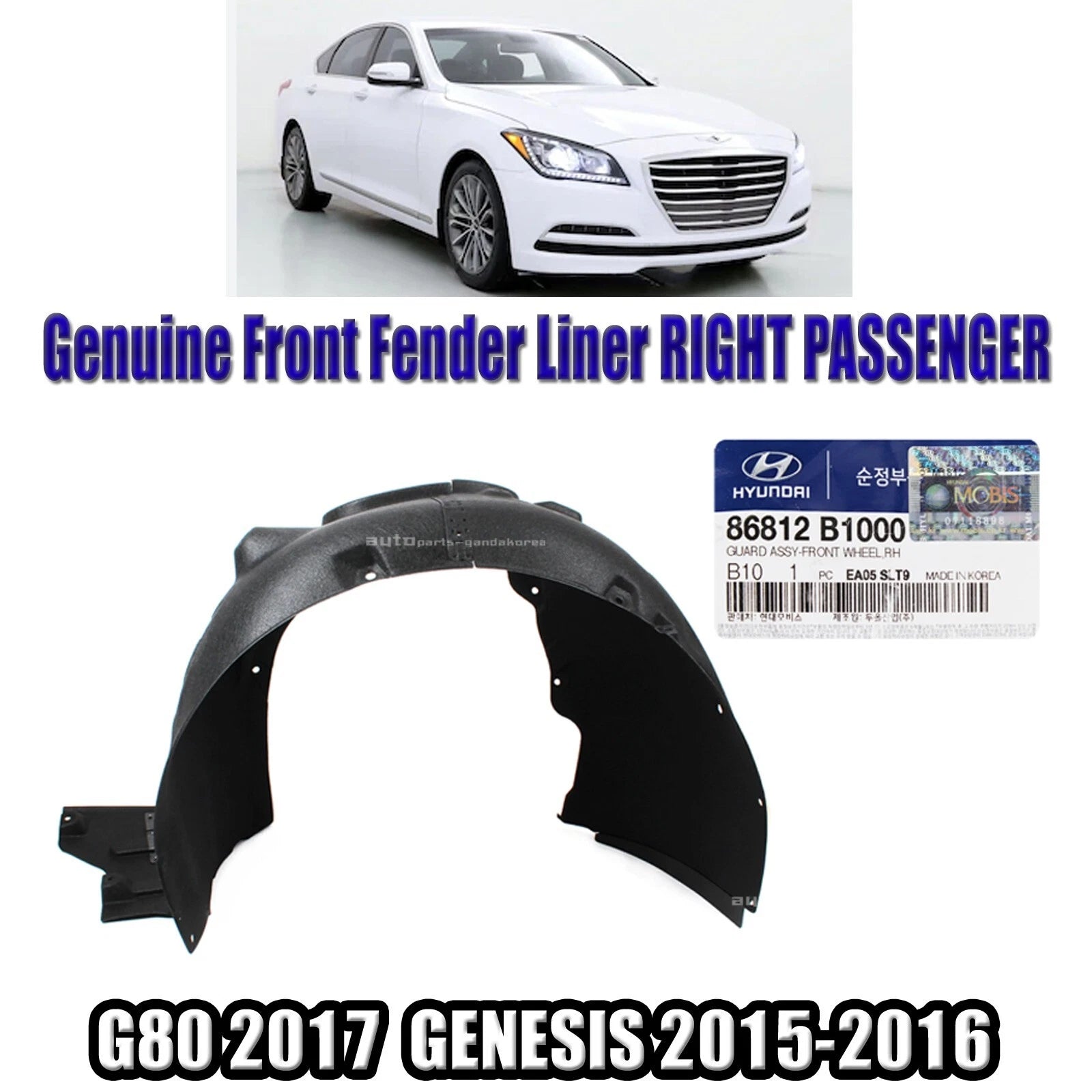 Genuine 86812B1000 Fender Liner RIGHT For G80 2017 GENESIs 2015-2016
